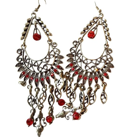 Antique-Style Silver & Red Dangle Earrings With Intricate Design - Picture 1 of 4